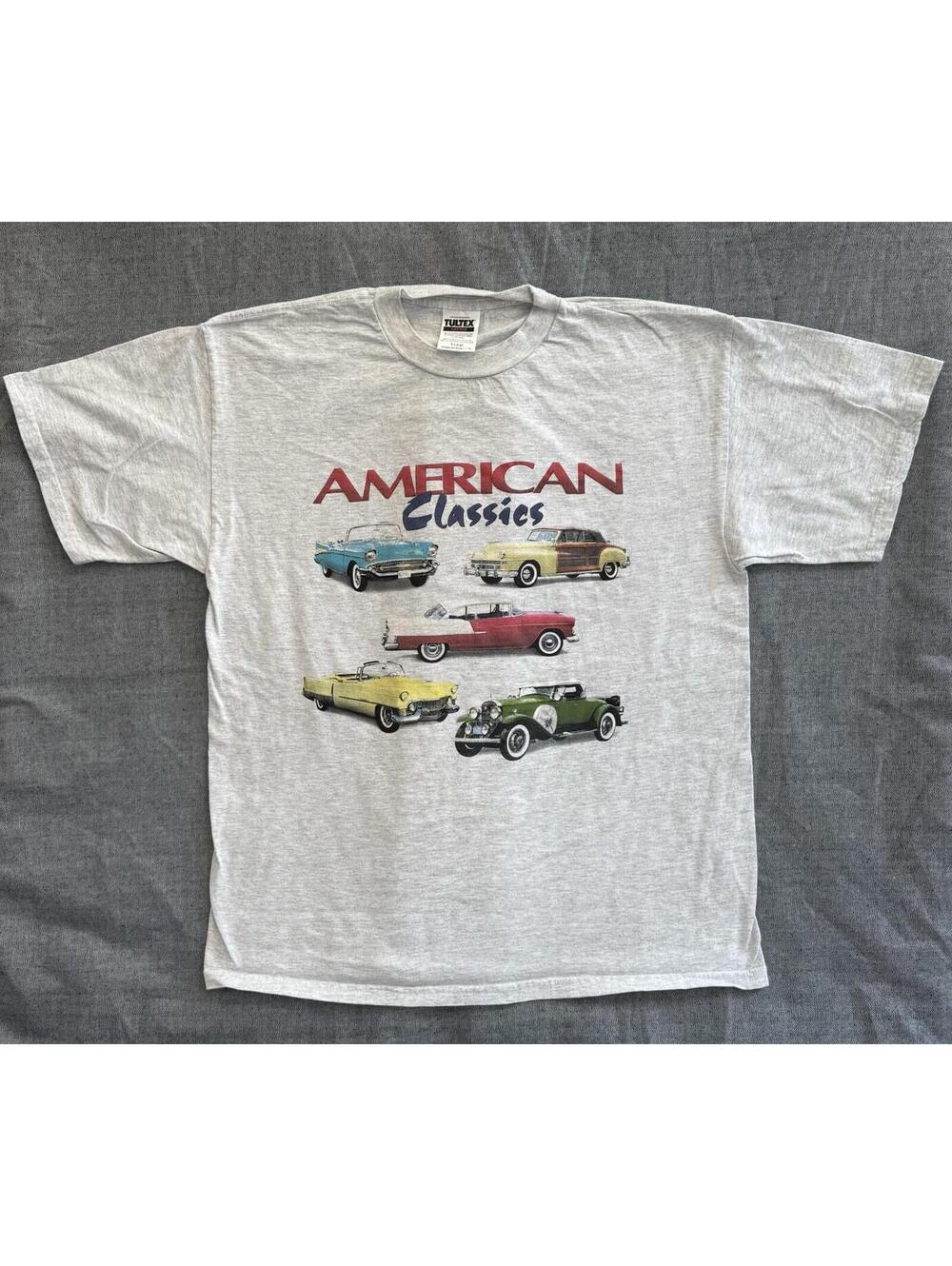 Vintage 90s American Classics Cars Auto Graphic XL Tultex T-Shirt Gray